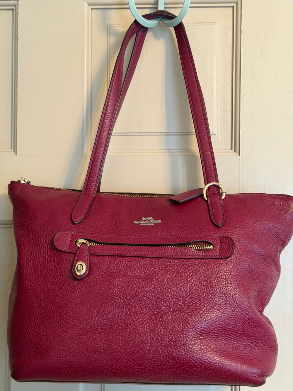 Coach Pebbled Leather Tote in Berry Red